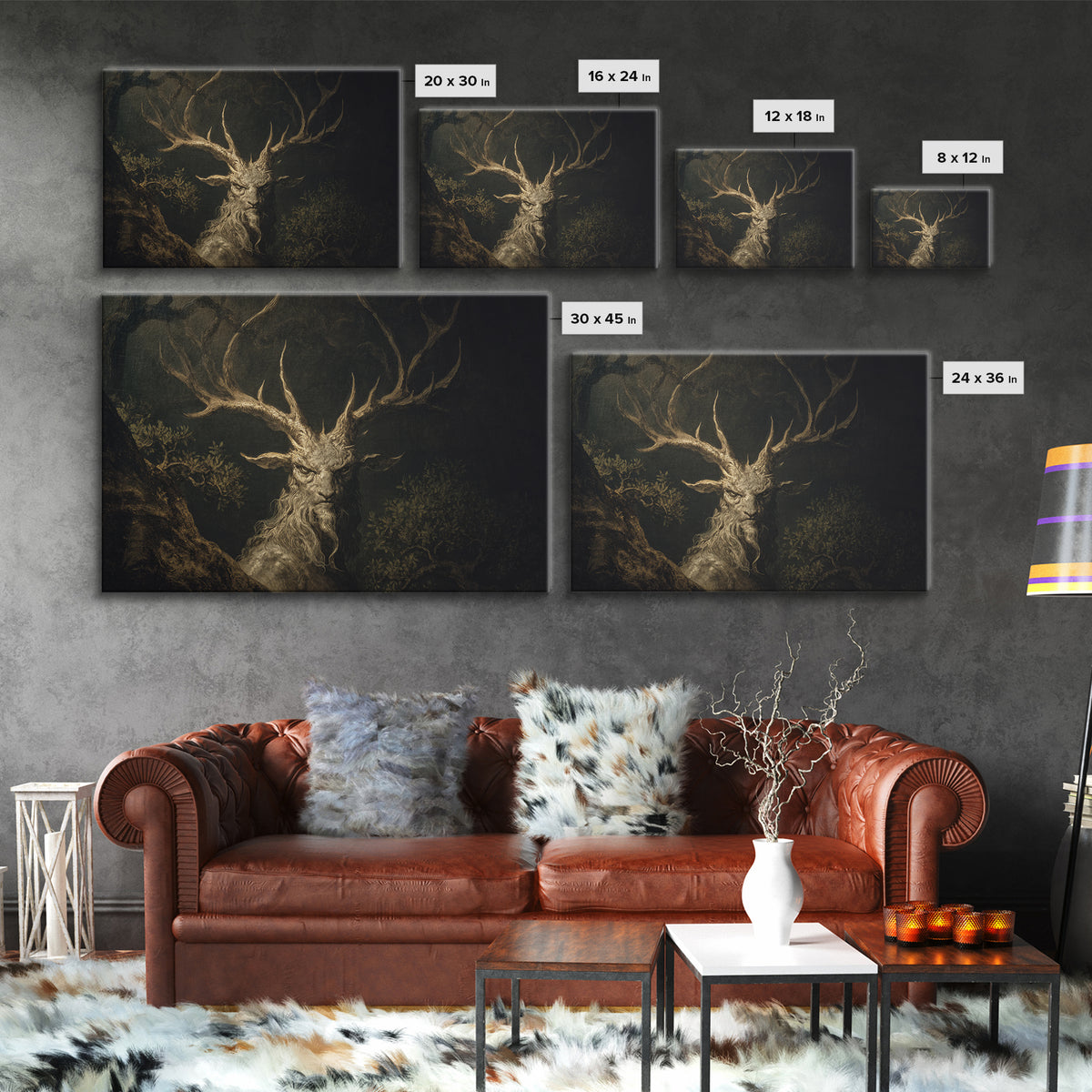 The Antlered Forest Spirit, Baroque Witchcraft Art, Landscape Wall Art, Macabre Wall Art, Framed Canvas Print, Halloween Wall Art
