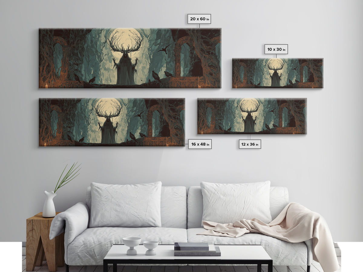 The Antlered Forest Spirit, Dark Romantic Horror Art, Extra Wide Wall Art, Dark Halloween Decor, Canvas Print, Halloween Wall Art