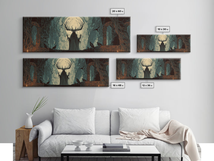 The Antlered Forest Spirit, Dark Romantic Horror Art, Extra Wide Wall Art, Dark Halloween Decor, Canvas Print, Halloween Wall Art
