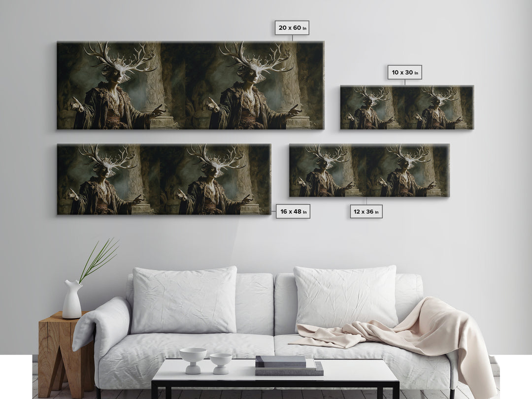 The Antlered Forest Spirit, Gothic Nightmare Art, Extra Wide Wall Art, Dark Fantasy Wall Art, Framed Canvas Print, Halloween Wall Art