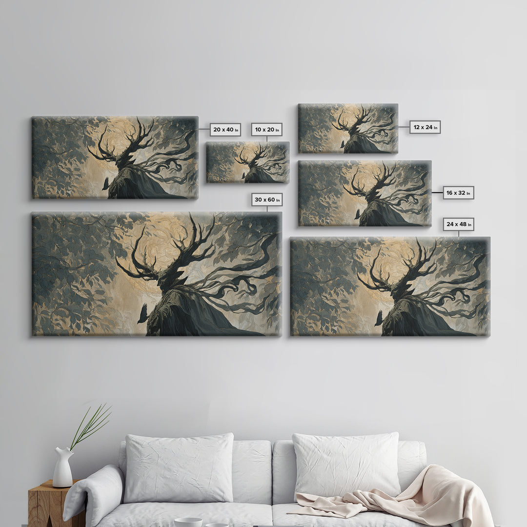 The Antlered Forest Spirit, Visionary Gothic Art, Wide Panoramic Art, Dark Fantasy Wall Art, Canvas Print, Halloween Wall Art