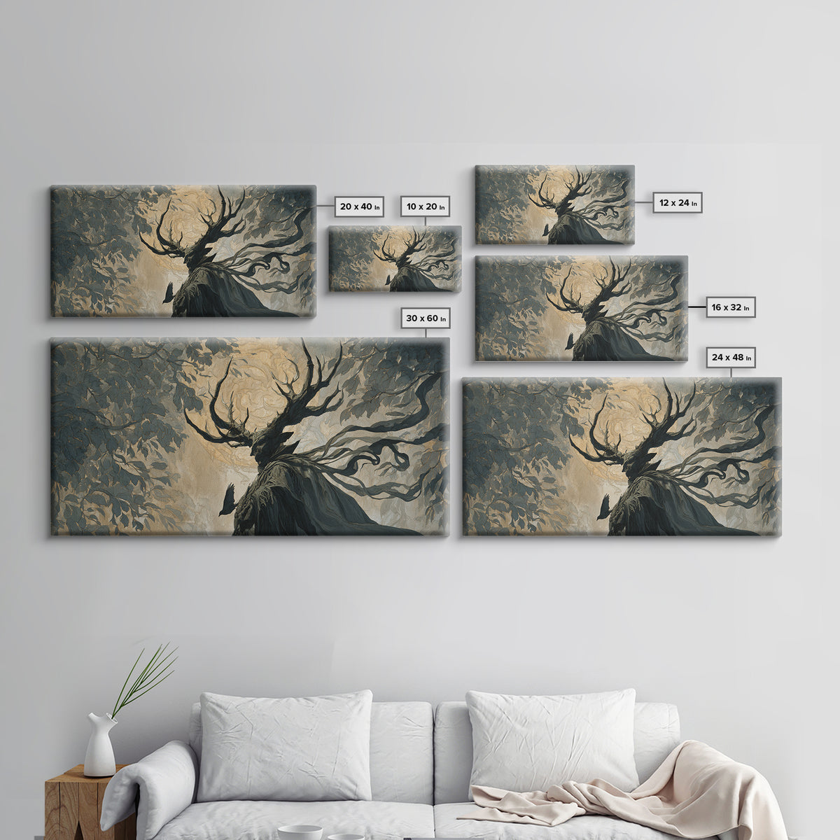The Antlered Forest Spirit, Visionary Gothic Art, Wide Panoramic Art, Dark Fantasy Wall Art, Canvas Print, Halloween Wall Art