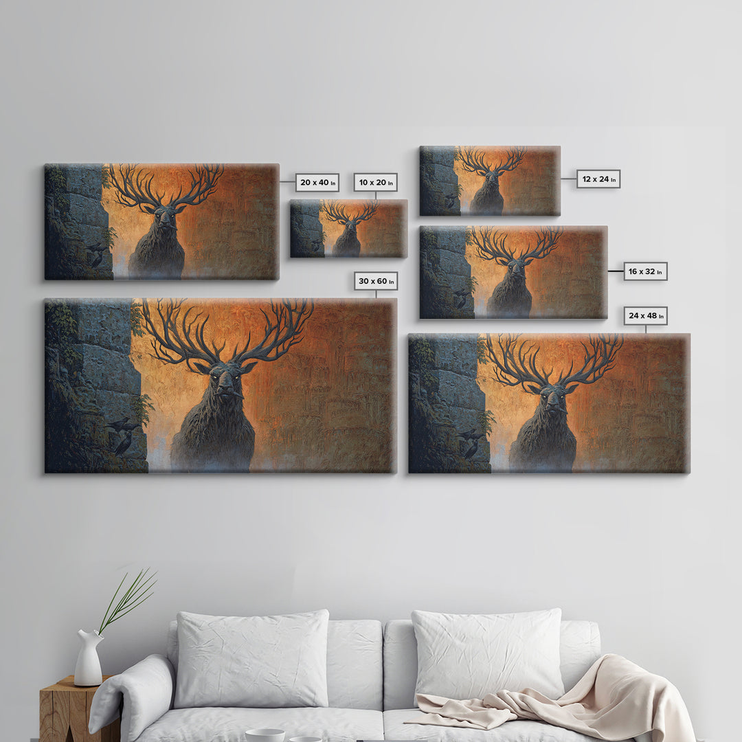 The Antlered Forest Spirit, Apocalyptic Romantic Art, Wide Panoramic Art, Gothic Horror Wall Art, Canvas Print, Halloween Wall Art
