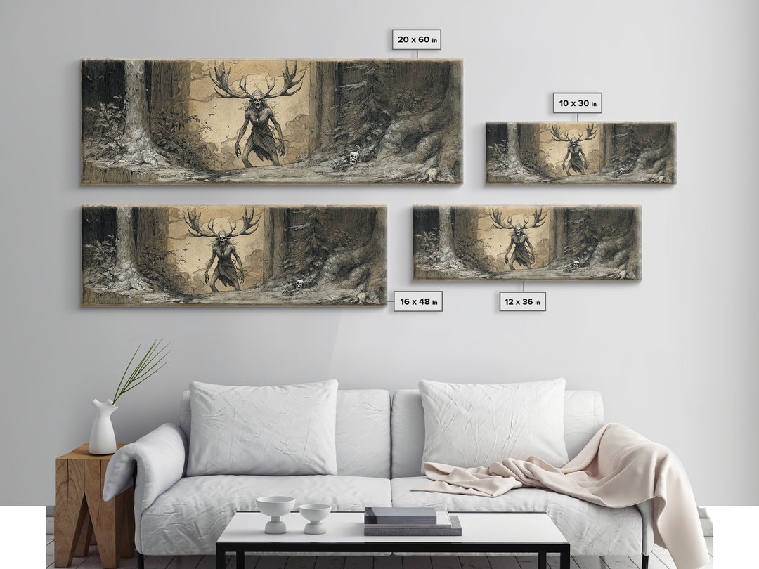 The Antlered Forest Spirit, Decadent Gothic Art, Extra Wide Wall Art, Macabre Wall Art, Framed Canvas Print, Halloween Wall Art