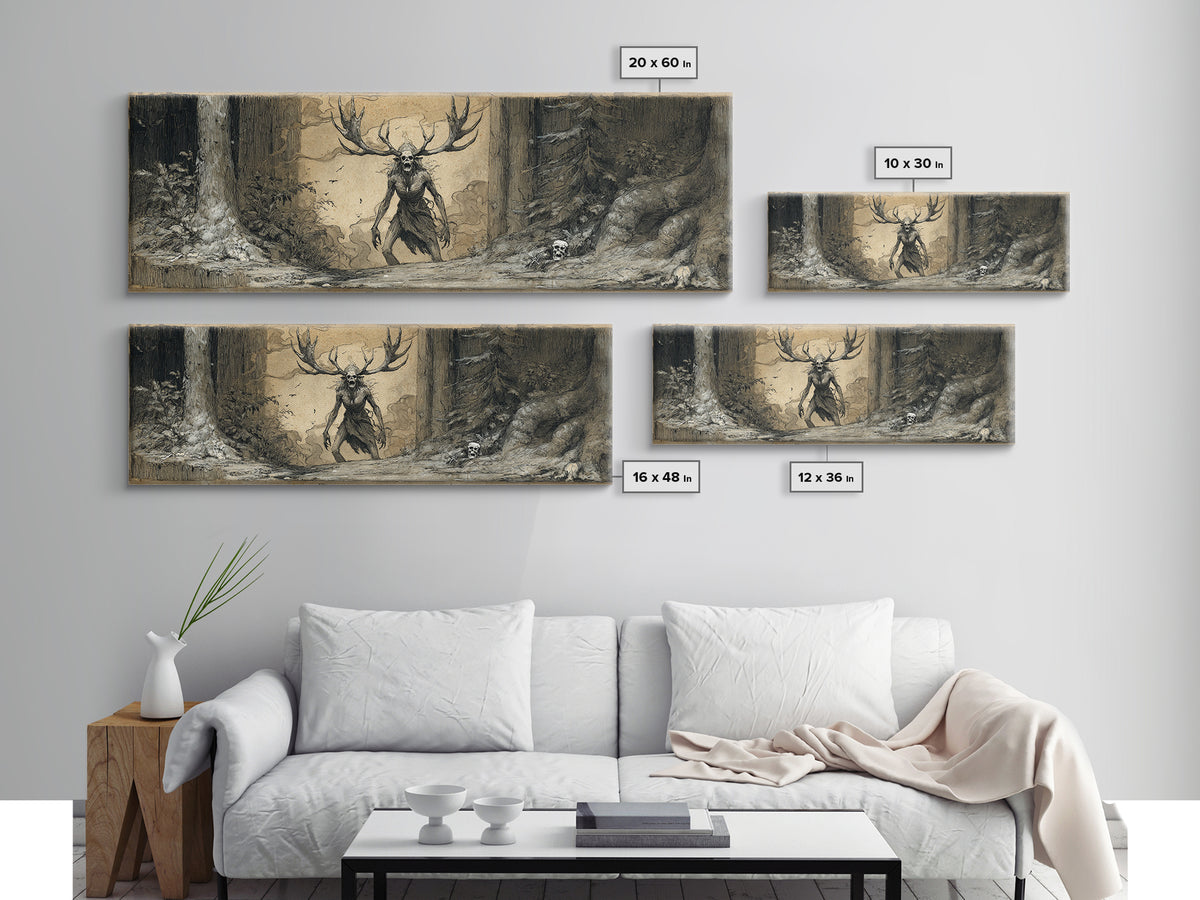 The Antlered Forest Spirit, Decadent Gothic Art, Extra Wide Wall Art, Macabre Wall Art, Framed Canvas Print, Halloween Wall Art