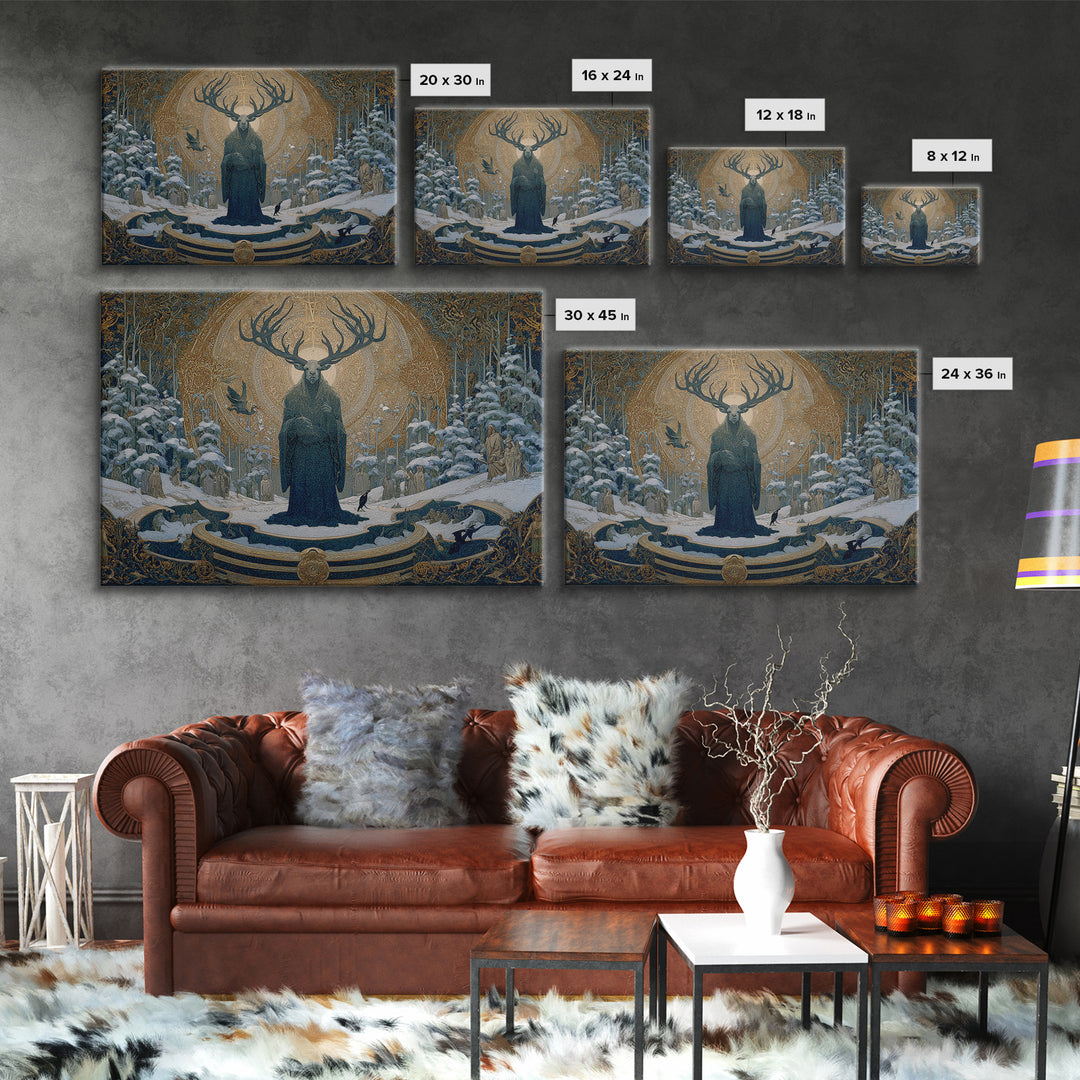 The Antlered Forest Spirit, Symbolist Death Art, Landscape Wall Art, Macabre Wall Art, Framed Canvas Print, Halloween Wall Art