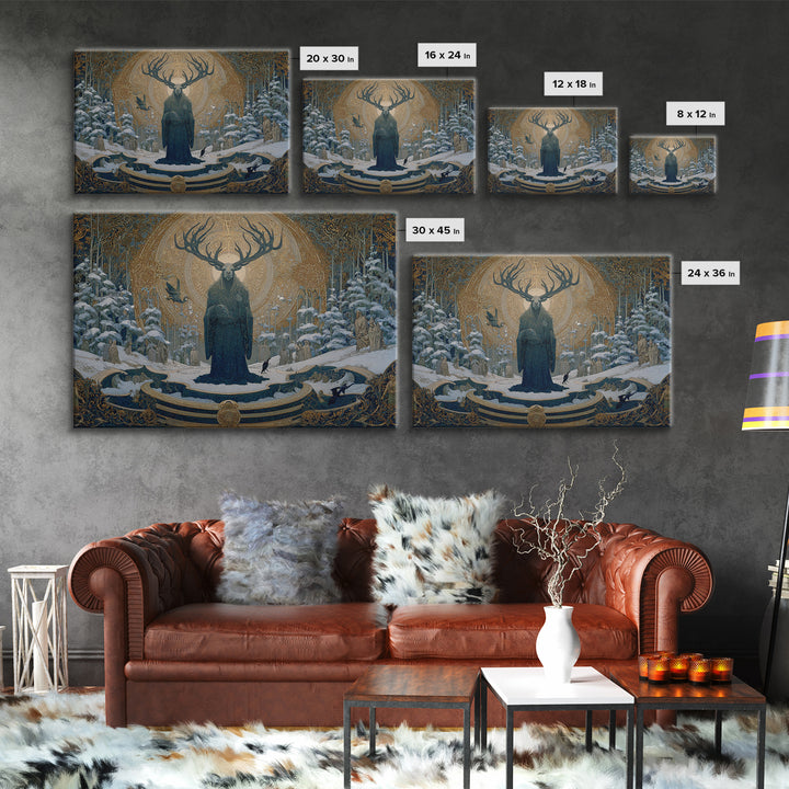 The Antlered Forest Spirit, Symbolist Death Art, Landscape Wall Art, Macabre Wall Art, Framed Canvas Print, Halloween Wall Art