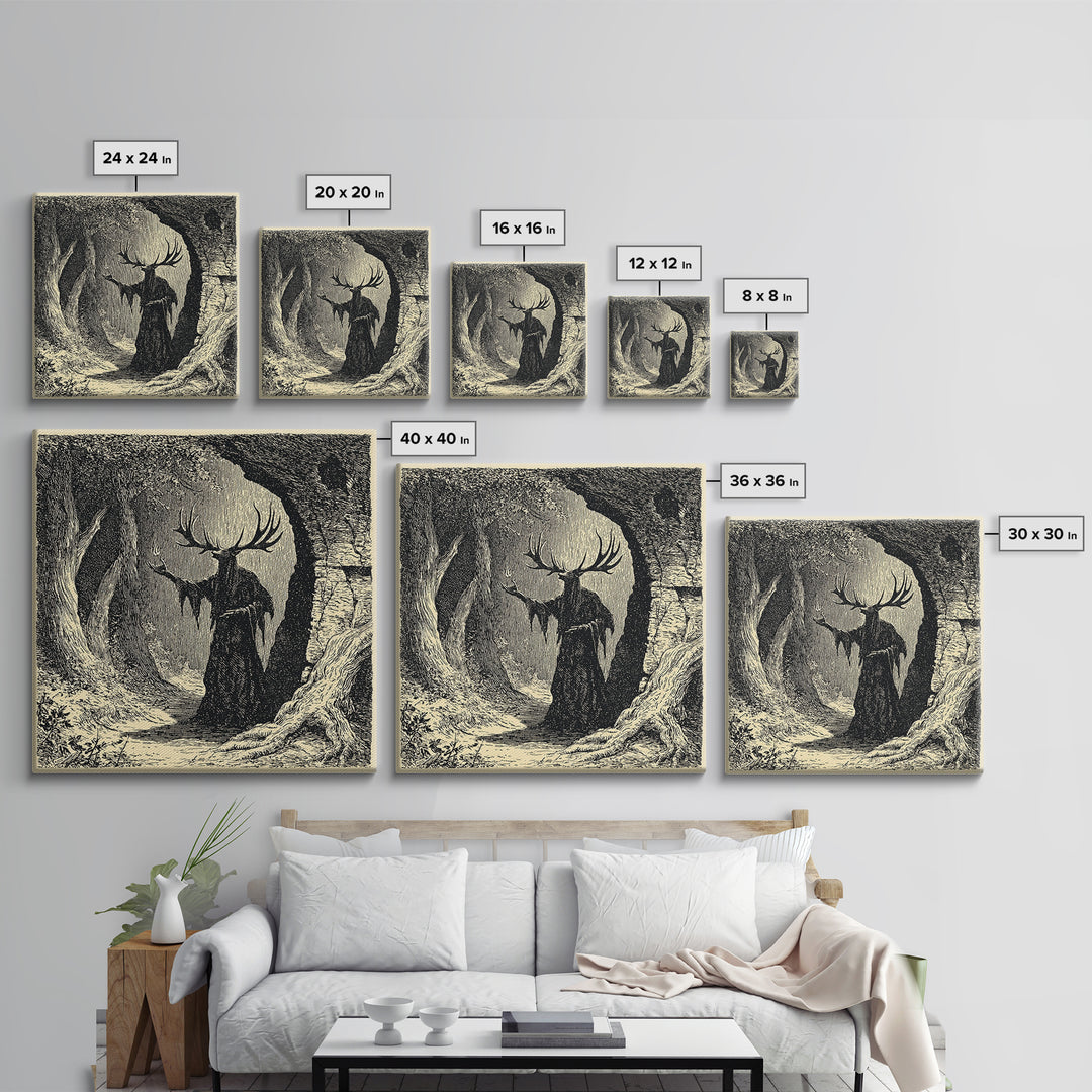 The Antlered Forest Spirit, Symbolist Etching Art, Square Wall Art, Dark Halloween Decor, Framed Canvas Print, Halloween Wall Art