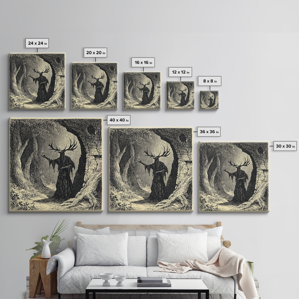The Antlered Forest Spirit, Symbolist Etching Art, Square Wall Art, Dark Halloween Decor, Framed Canvas Print, Halloween Wall Art