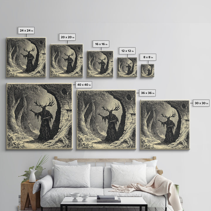 The Antlered Forest Spirit, Symbolist Etching Art, Square Wall Art, Dark Halloween Decor, Framed Canvas Print, Halloween Wall Art
