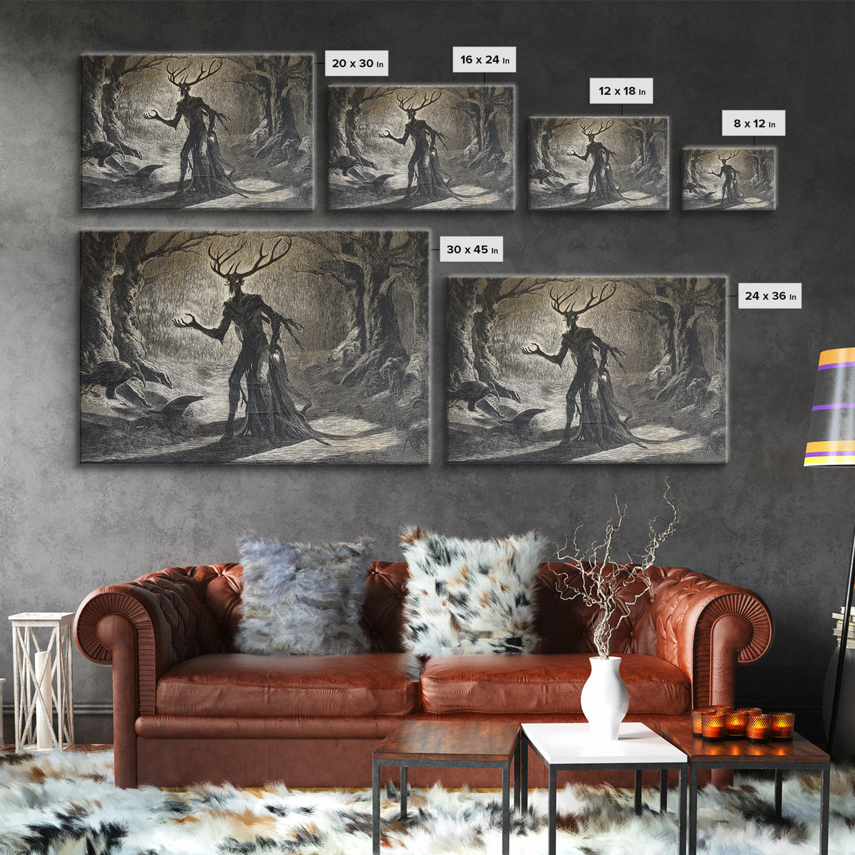 The Antlered Forest Spirit, Expressionist Nightmare Art, Landscape Wall Art, Dark Fantasy Wall Art, Canvas Print, Halloween Wall Art