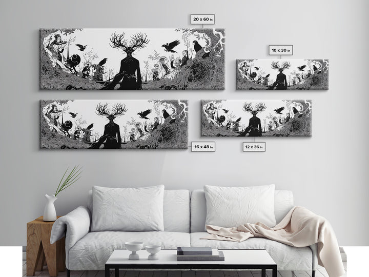 The Antlered Forest Spirit, Decadent Line Art, Extra Wide Wall Art, Dark Fantasy Wall Art, Canvas Print, Halloween Wall Art