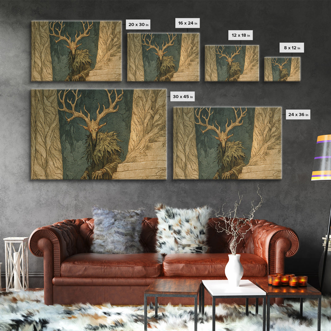 The Antlered Forest Spirit, Gothic Storybook Art, Landscape Wall Art, Dark Halloween Decor, Canvas Print, Halloween Wall Art