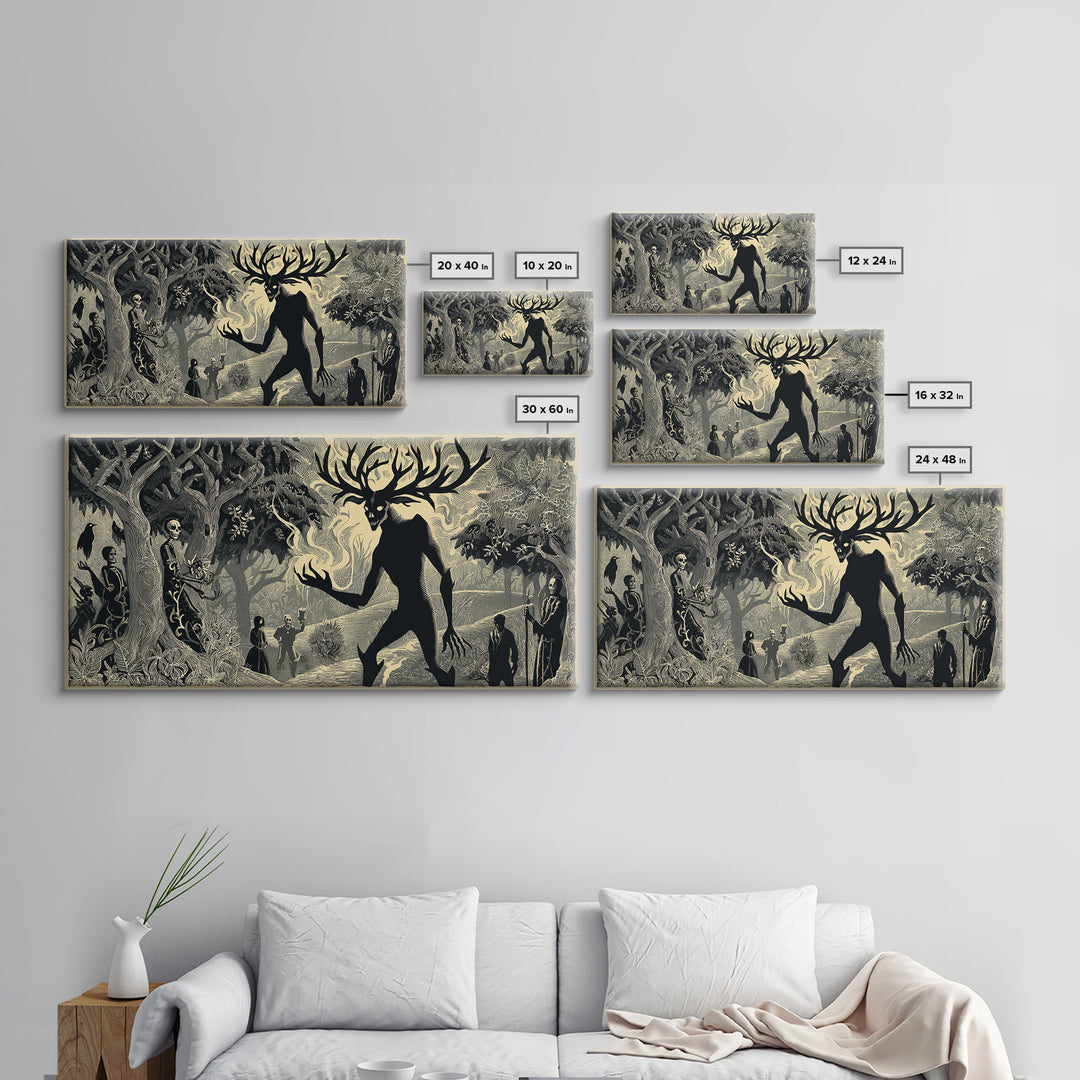 The Antlered Forest Spirit, Macabre Folk Print Art, Wide Panoramic Art, Dark Fantasy Wall Art, Canvas Print, Halloween Wall Art