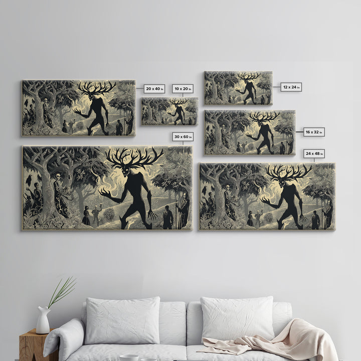 The Antlered Forest Spirit, Macabre Folk Print Art, Wide Panoramic Art, Dark Fantasy Wall Art, Canvas Print, Halloween Wall Art