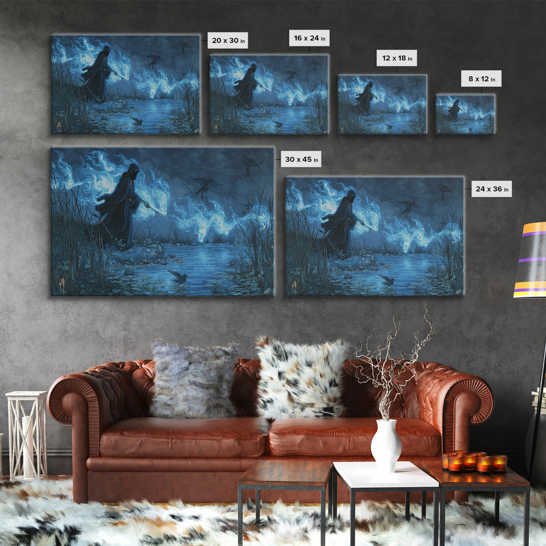 The Will-O'-The-Wisp Shepherd, Visionary Gothic Art, Wide Panoramic Art, Dark Halloween Decor, Canvas Print, Halloween Wall Art