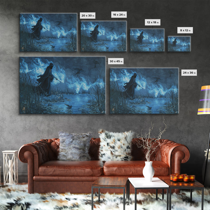 The Will-O'-The-Wisp Shepherd, Visionary Gothic Art, Wide Panoramic Art, Dark Halloween Decor, Canvas Print, Halloween Wall Art