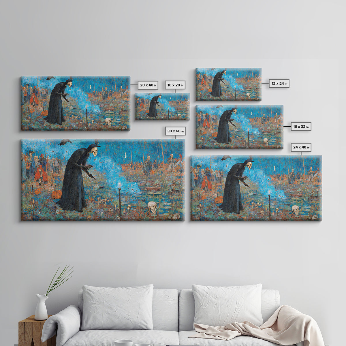 The Will-O'-The-Wisp Shepherd, Grotesque Carnival Art, Wide Panoramic Art, Dark Fantasy Wall Art, Framed Canvas Print, Halloween Wall Art