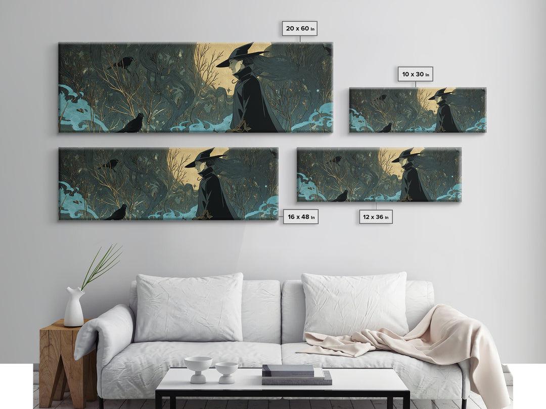 The Will-O'-The-Wisp Shepherd, Decadent Line Art, Extra Wide Wall Art, Dark Fantasy Wall Art, Canvas Print, Halloween Wall Art