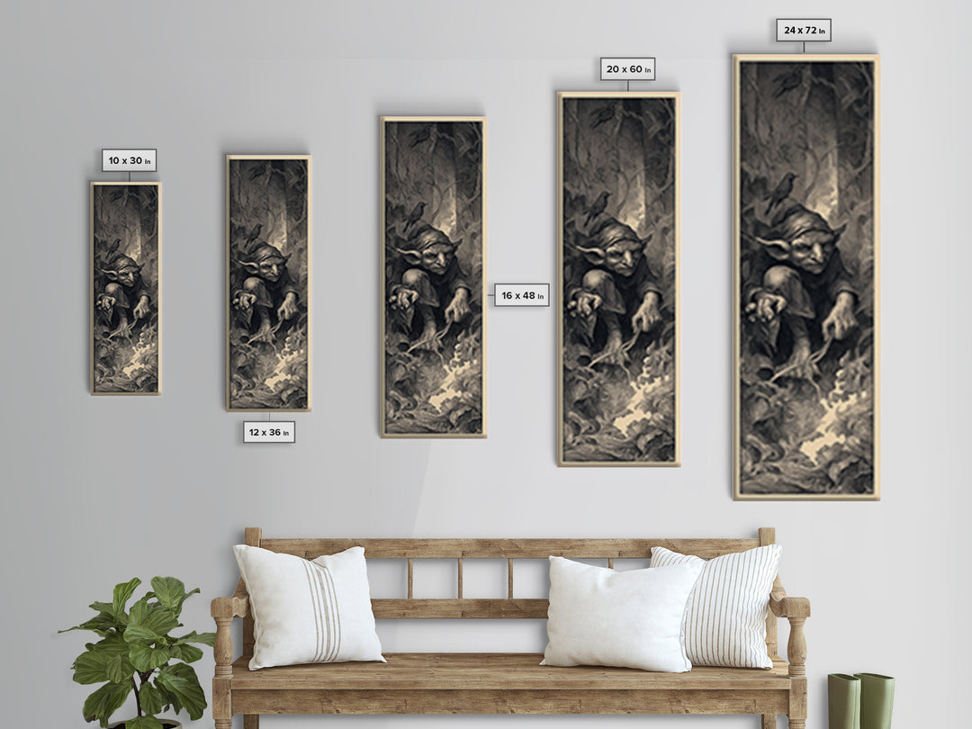 The Pumpkin Patch Goblin, Gothic Engraving Art, Tall Narrow Wall Art, Gothic Horror Wall Art, Framed Canvas Print, Halloween Wall Art