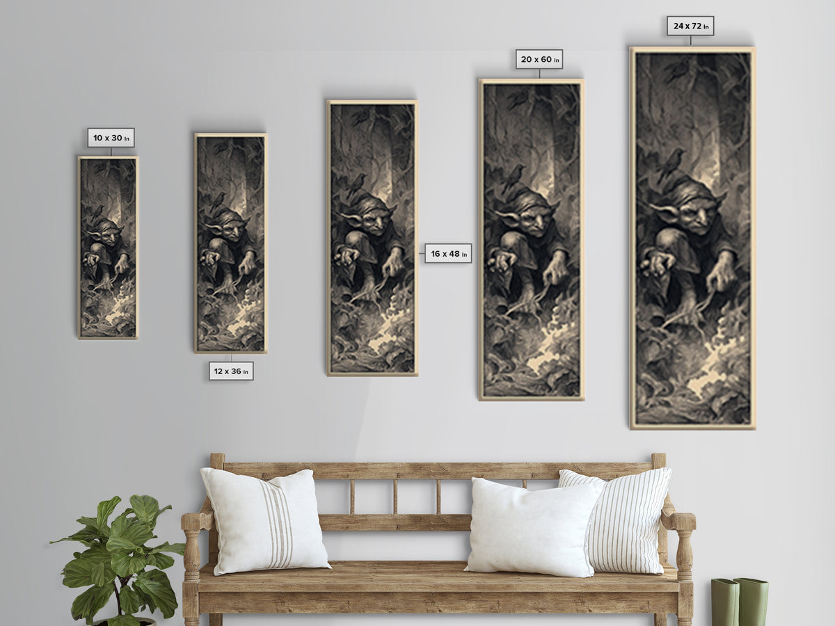 The Pumpkin Patch Goblin, Gothic Engraving Art, Tall Narrow Wall Art, Gothic Horror Wall Art, Framed Canvas Print, Halloween Wall Art