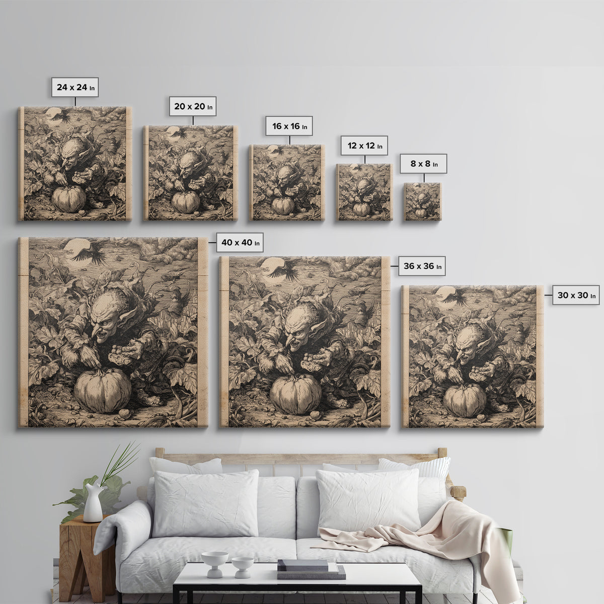 The Pumpkin Patch Goblin, Renaissance Engraving Art, Square Wall Art, Dark Halloween Decor, Framed Canvas Print, Halloween Wall Art