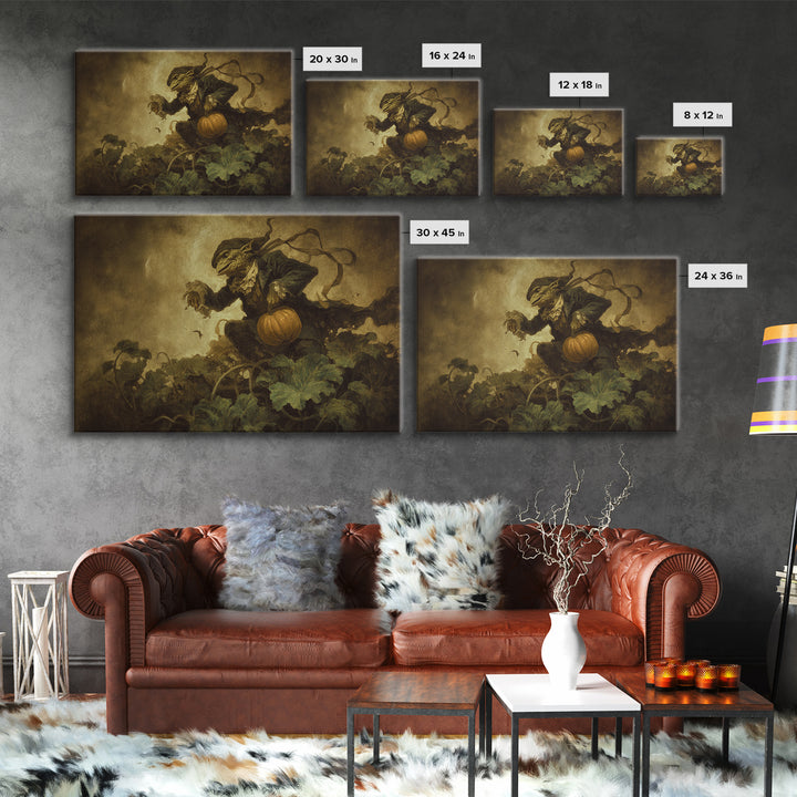The Pumpkin Patch Goblin, Dark Romantic Horror Art, Landscape Wall Art, Dark Halloween Decor, Framed Canvas Print, Halloween Wall Art