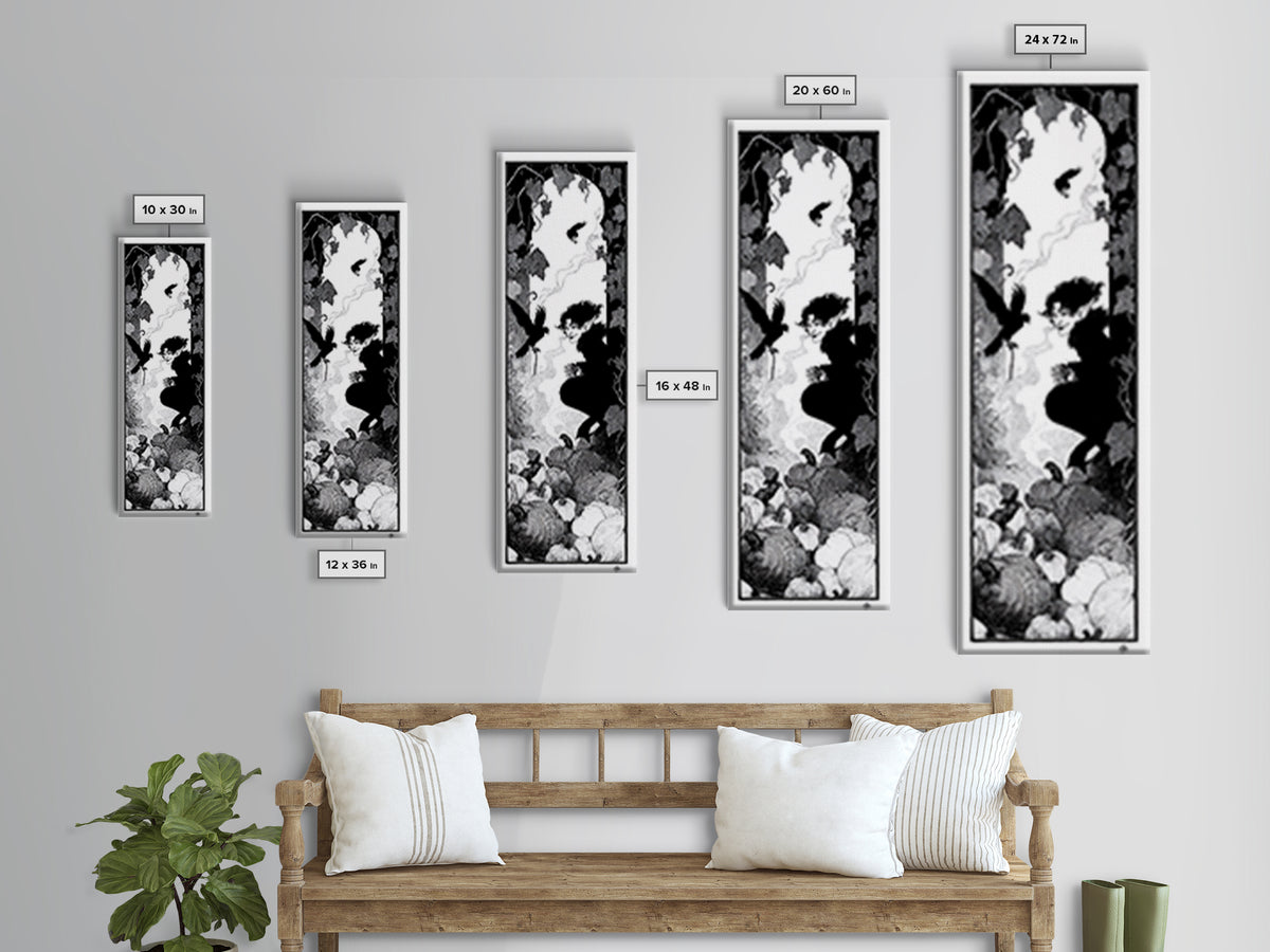 The Pumpkin Patch Goblin, Decadent Line Art, Tall Narrow Wall Art, Dark Fantasy Wall Art, Framed Canvas Print