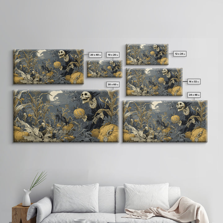 The Pumpkin Patch Goblin, Macabre Folk Print Art, Wide Panoramic Art, Dark Halloween Decor, Framed Canvas Print