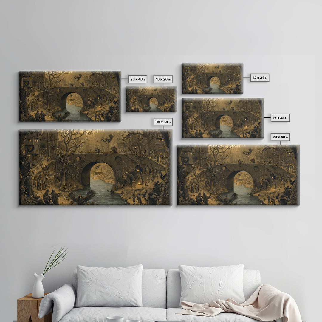 The Bridge Troll At Midnight, Northern Renaissance Horror, Wide Panoramic Art, Gothic Horror Wall Art, Framed Canvas Print