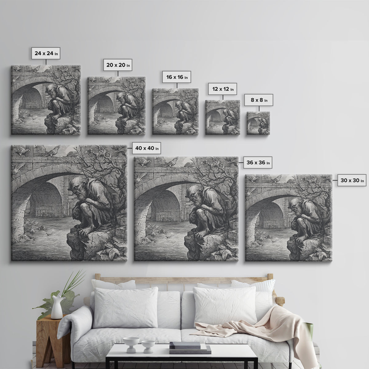 The Bridge Troll At Midnight, Renaissance Engraving Art, Square Wall Art, Gothic Horror Wall Art, Canvas Print, Halloween Wall Art