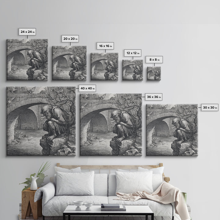 The Bridge Troll At Midnight, Renaissance Engraving Art, Square Wall Art, Gothic Horror Wall Art, Canvas Print, Halloween Wall Art