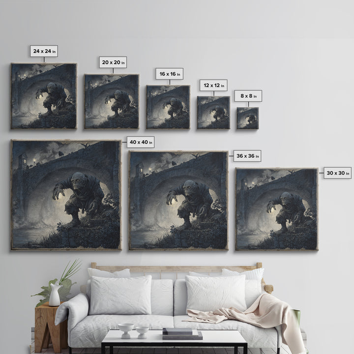 The Bridge Troll At Midnight, Danse Macabre Art, Square Wall Art, Macabre Wall Art, Framed Canvas Print, Halloween Decor