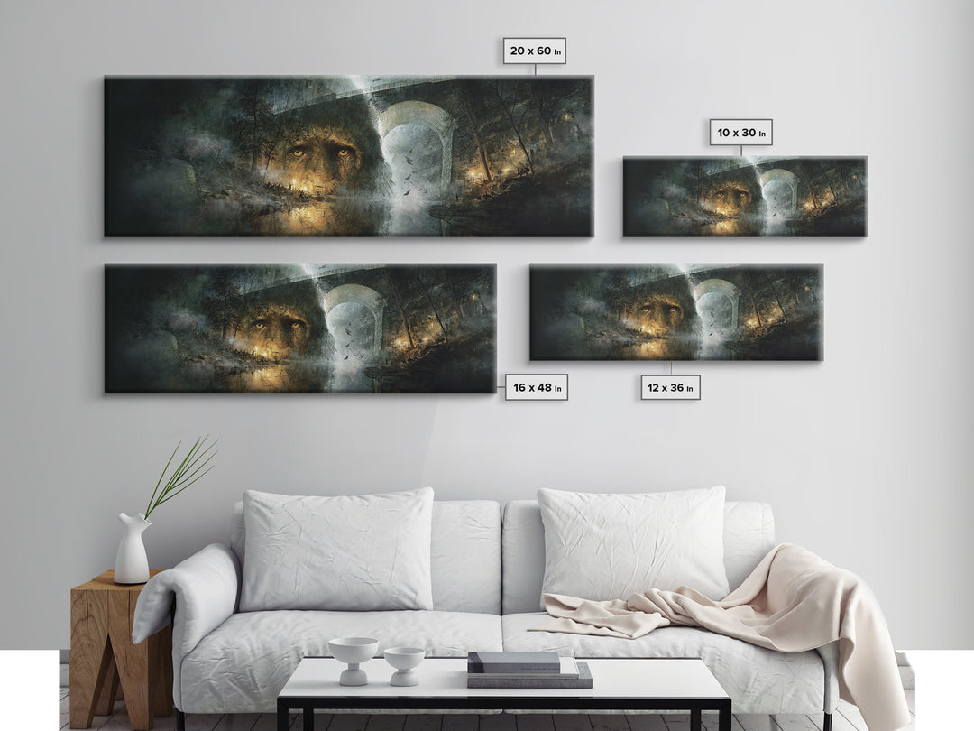 The Bridge Troll At Midnight, Visionary Gothic Art, Extra Wide Wall Art, Dark Halloween Decor, Framed Canvas Print, Halloween Wall Art