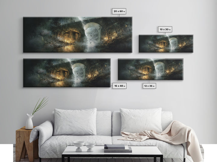 The Bridge Troll At Midnight, Visionary Gothic Art, Extra Wide Wall Art, Dark Halloween Decor, Framed Canvas Print, Halloween Wall Art