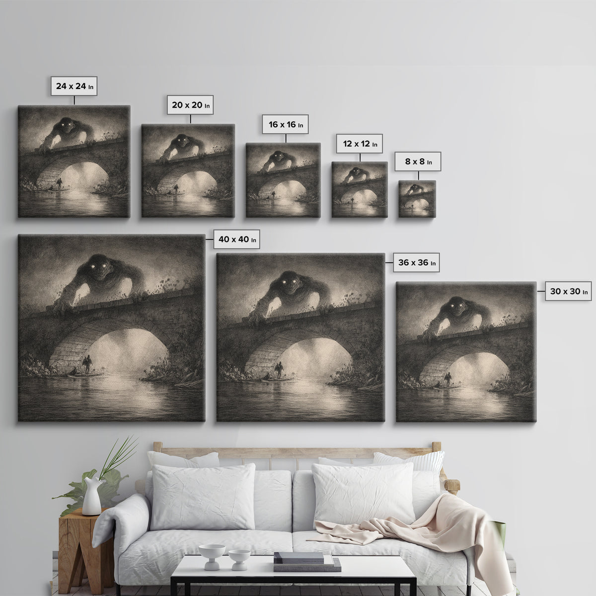 The Bridge Troll At Midnight, Symbolist Dream Art, Square Wall Art, Gothic Horror Wall Art, Framed Canvas Print, Halloween Wall Art