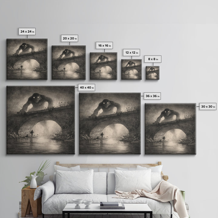 The Bridge Troll At Midnight, Symbolist Dream Art, Square Wall Art, Gothic Horror Wall Art, Framed Canvas Print, Halloween Wall Art