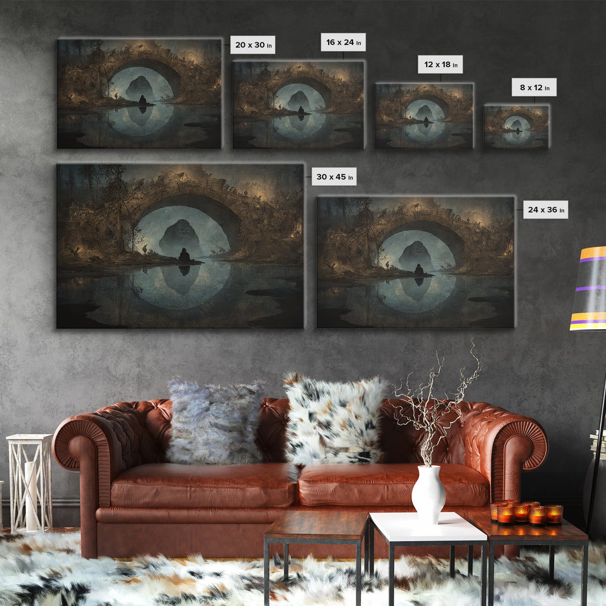 The Bridge Troll At Midnight, Symbolist Gothic Landscape, Landscape Wall Art, Dark Halloween Decor, Canvas Print, Halloween Wall Art