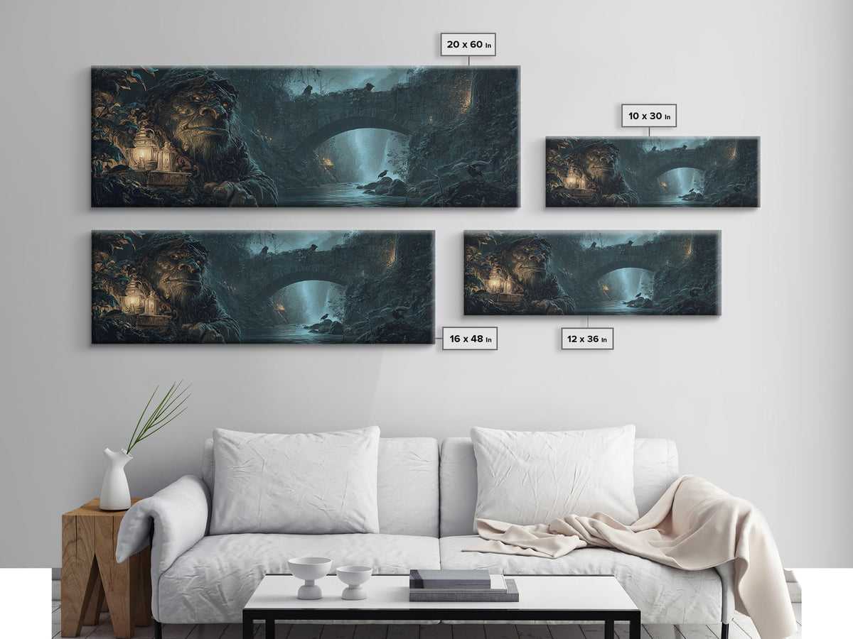 The Bridge Troll At Midnight, Ornate Symbolist Art, Extra Wide Wall Art, Dark Halloween Decor, Framed Canvas Print