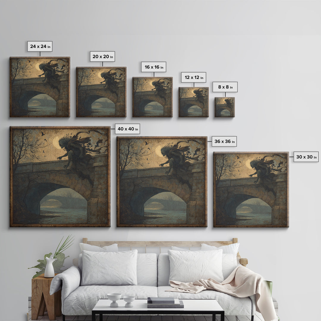The Bridge Troll At Midnight, Dark Symbolist Art, Square Wall Art, Dark Fantasy Wall Art, Framed Canvas Print, Halloween Wall Art