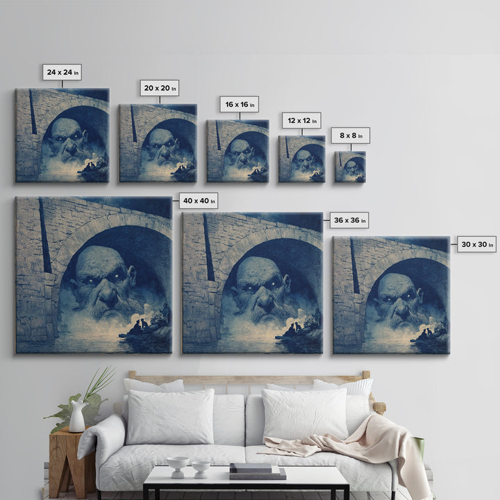 The Bridge Troll At Midnight, Symbolist Etching Art, Square Wall Art, Macabre Wall Art, Canvas Print, Halloween Wall Art, Horror Wall Art
