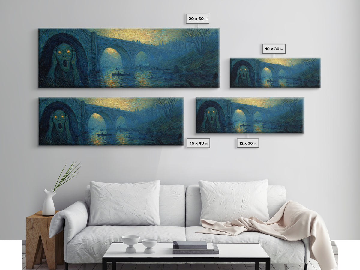 The Bridge Troll At Midnight, Expressionist Gothic Art, Extra Wide Wall Art, Gothic Horror Wall Art, Framed Canvas Print, Spooky Wall Decor