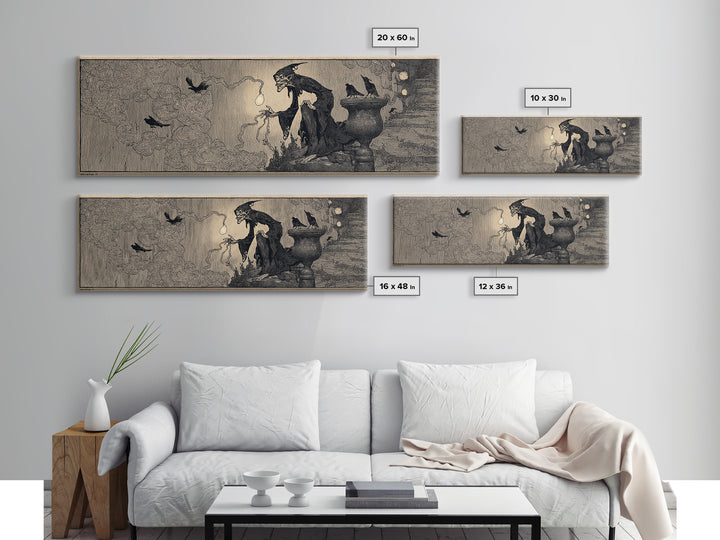 The Bridge Troll At Midnight, Decadent Line Art, Extra Wide Wall Art, Dark Fantasy Wall Art, Canvas Print, Halloween Wall Art