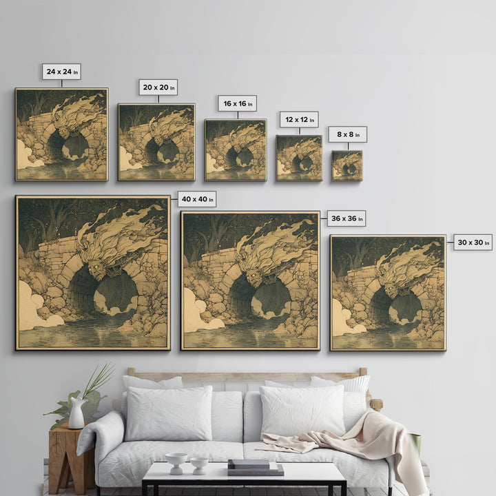 The Bridge Troll At Midnight, Gothic Storybook Art, Square Wall Art, Macabre Wall Art, Framed Canvas Print, Halloween Wall Art