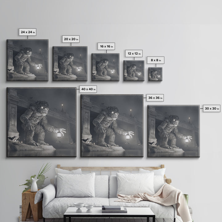 The Bridge Troll At Midnight, Biomechanical Horror Art, Square Wall Art, Dark Halloween Decor, Canvas Print, Halloween Wall Art