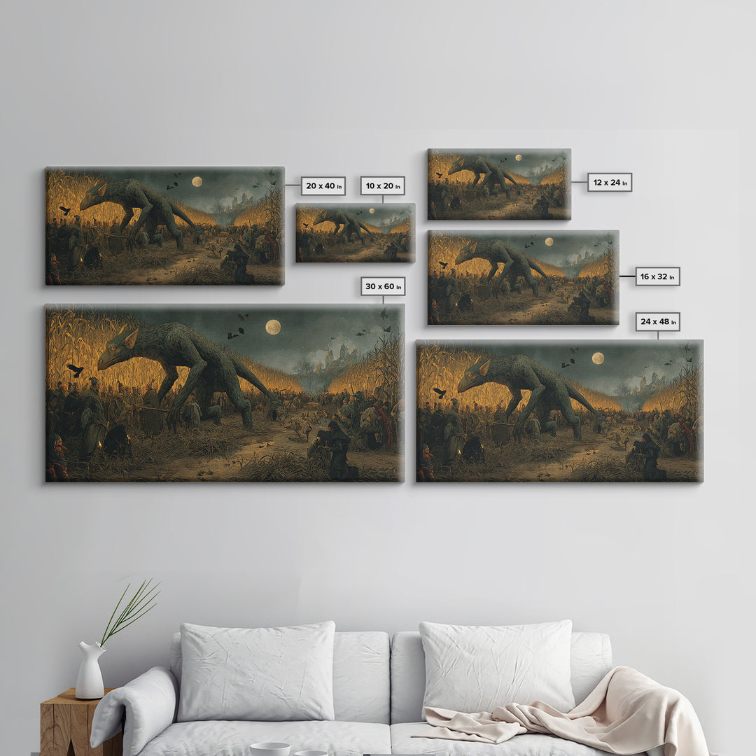The Cornfield Crawler, Northern Renaissance Horror, Wide Panoramic Art, Macabre Wall Art, Canvas Print, Halloween Wall Art