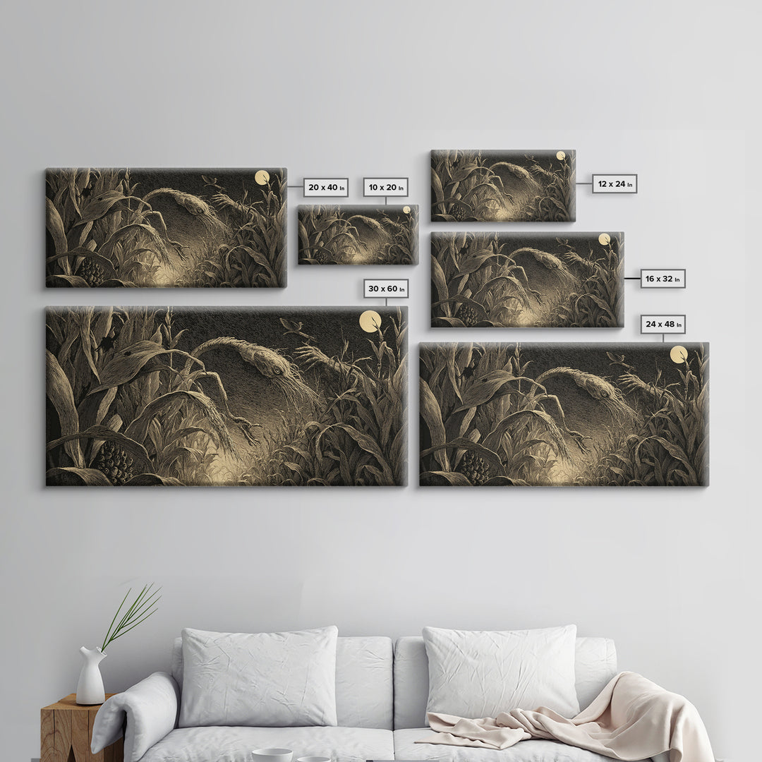The Cornfield Crawler, Expressionist Nightmare Art, Wide Panoramic Art, Dark Fantasy Wall Art, Canvas Print, Halloween Wall Art
