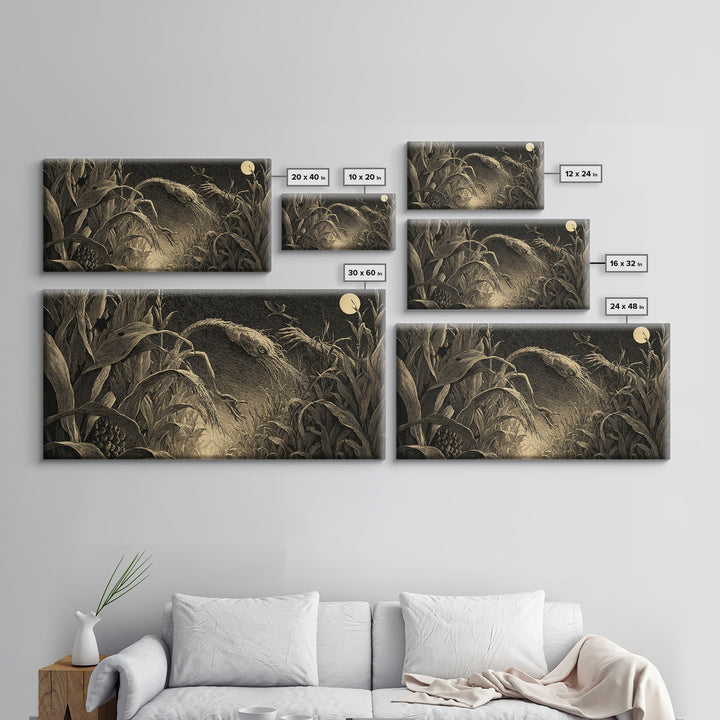 The Cornfield Crawler, Expressionist Nightmare Art, Wide Panoramic Art, Dark Fantasy Wall Art, Canvas Print, Halloween Wall Art