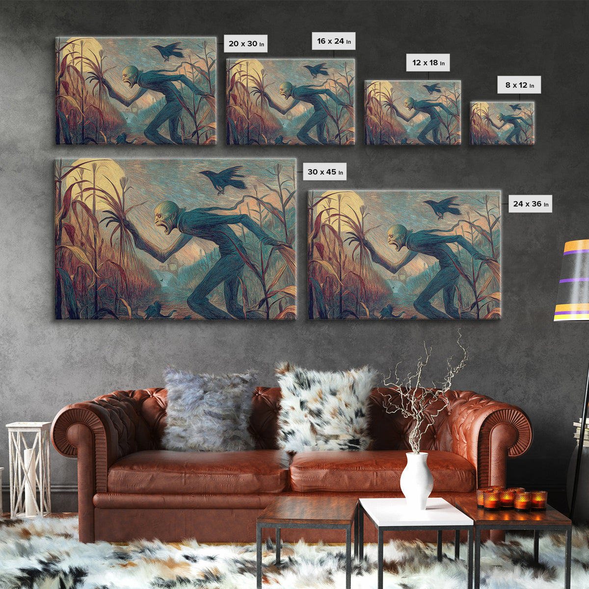The Cornfield Crawler, Expressionist Gothic Art, Landscape Wall Art, Gothic Horror Wall Art, Framed Canvas Print, Halloween Wall Art
