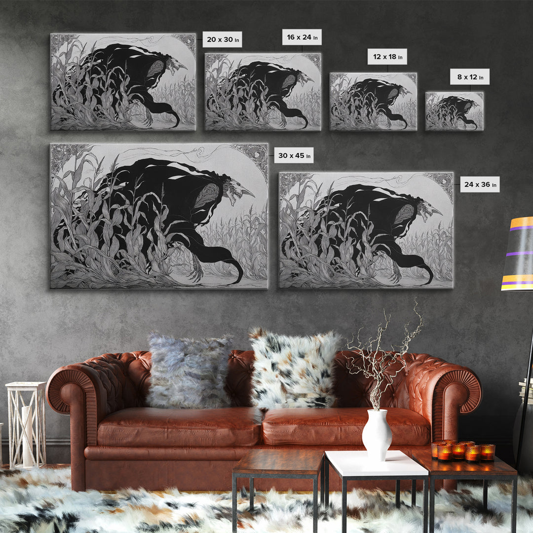 The Cornfield Crawler, Decadent Line Art, Landscape Wall Art, Dark Halloween Decor, Canvas Print, Halloween Wall Art